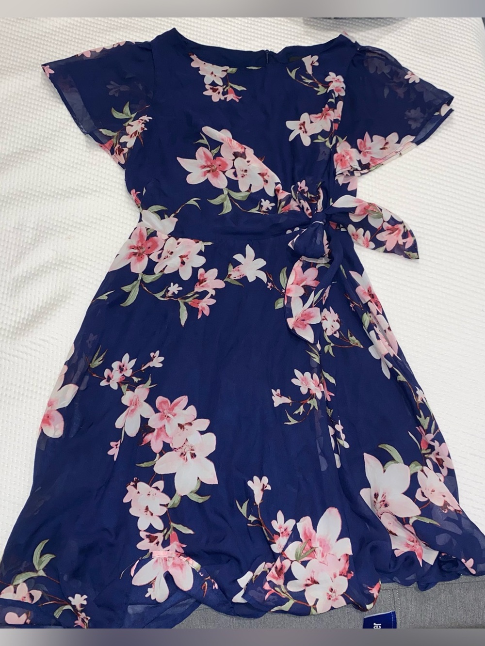 Navy Floral Wrap Dress with Pink Blossoms and Tie Waist